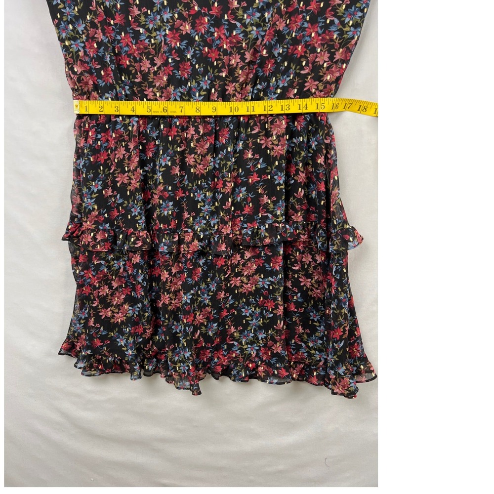 BCX Floral Tiered Mini Dress Women XL Black Red Gold Metallic V-Neck Ruffle - Picture 8 of 11